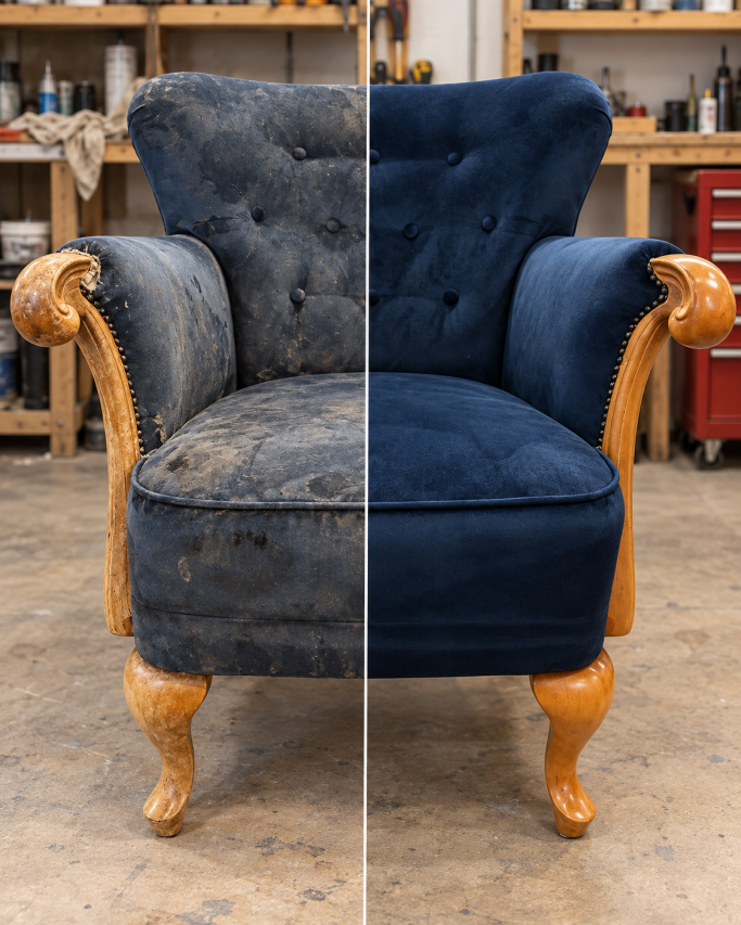 Sofa neu beziehen in Köln | Chef Polsterer Sofa vor und nach der professionellen Polsterung und Restaurierung in Köln